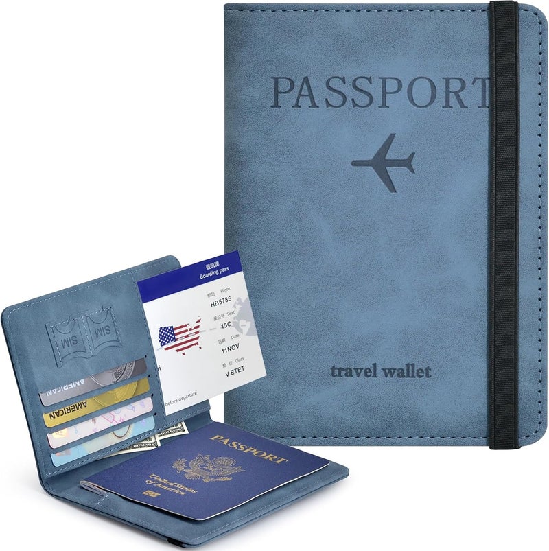 KAOBAN Passport Holder, Passport Cover with Credit Card Slot and Boarding Pass Slot Combo, Passport Wallet Case Book Travel Must Have, RFID Blocking Leather Travel Accessories, Marine Blue - Image 2